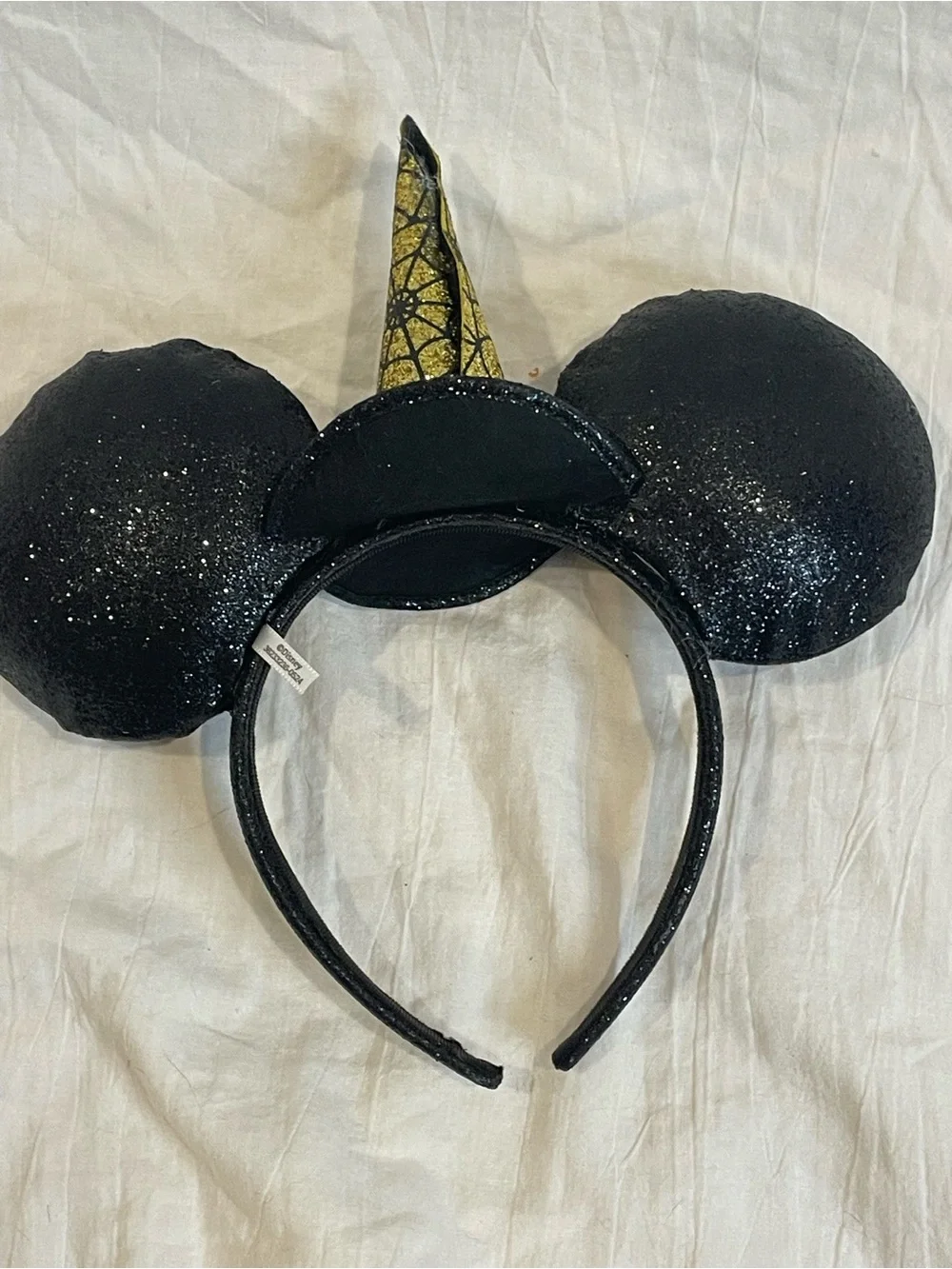Disney Minnie Mouse Witch Hat Halloween Ears Black Gold Glitter Spiderweb